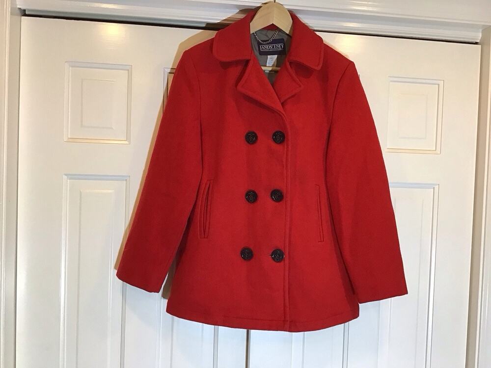 Vintage Lands' End 100% Wool Peacoat Women 8 Red Preppy Classic Old Money Luxury